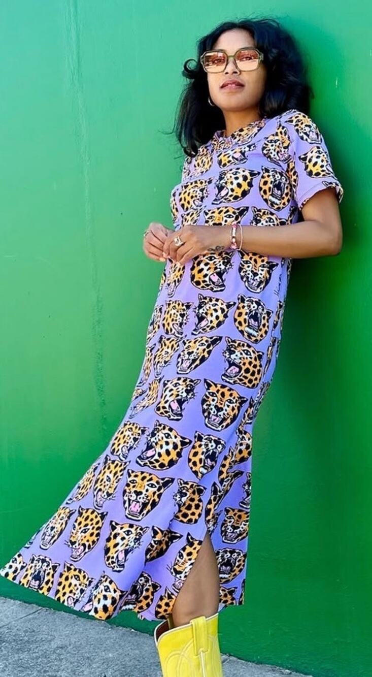 Nooworks Jersey Cheetah Head Maxi Dress Rare XL Made USA Punk Pinup Maximalist